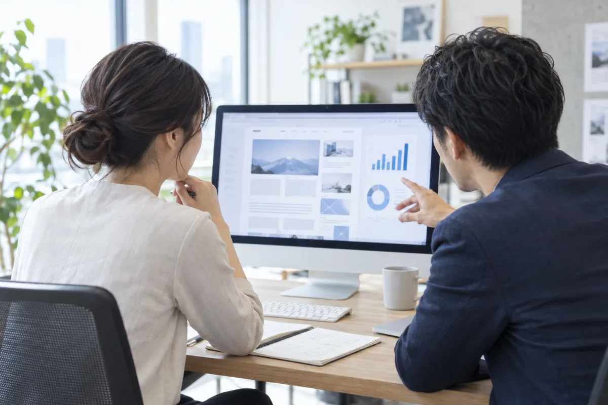 画面を見ながらWebサイトの設計を相談するイメージ