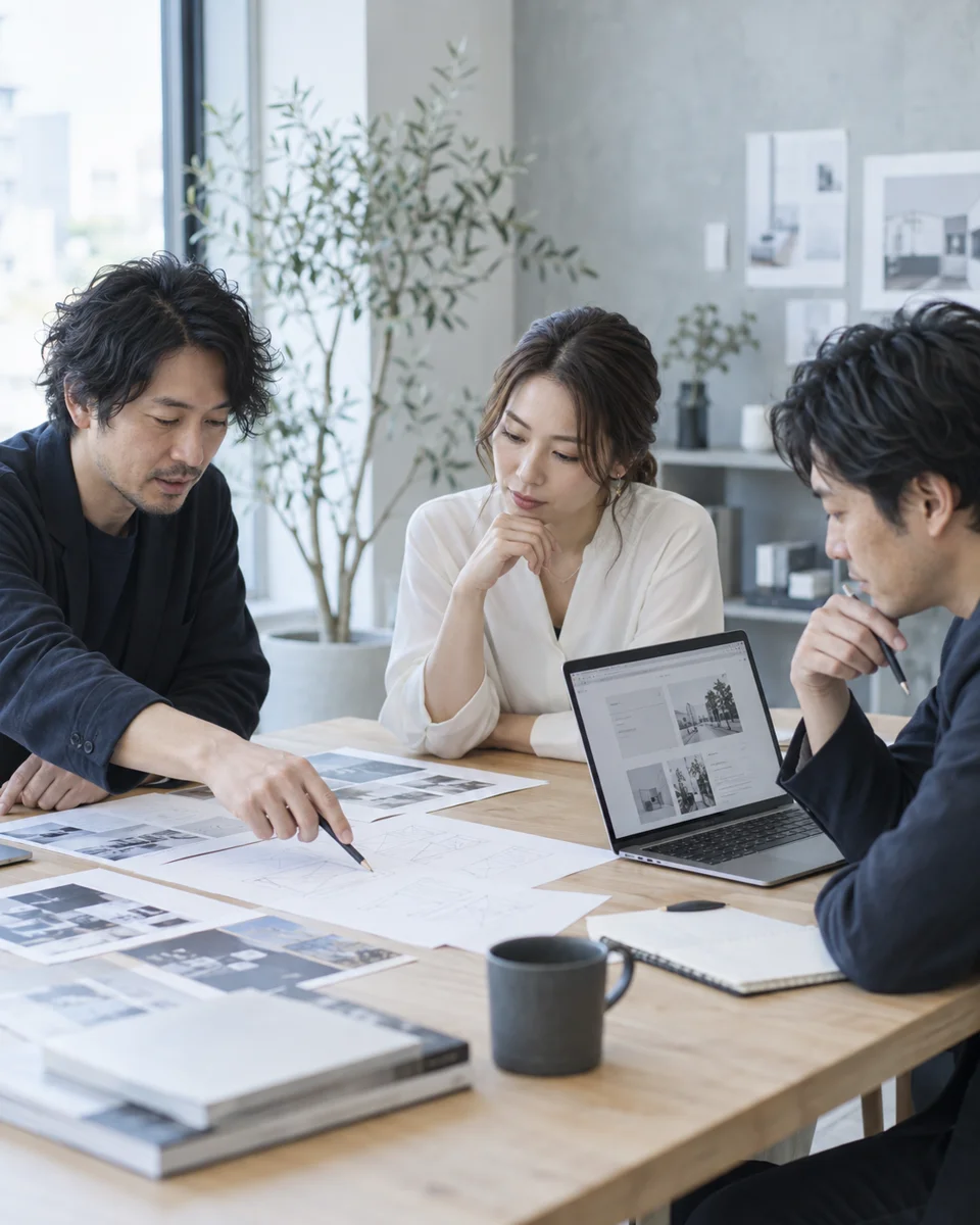 画面と資料を囲んで制作方針を話し合うチームのイメージ