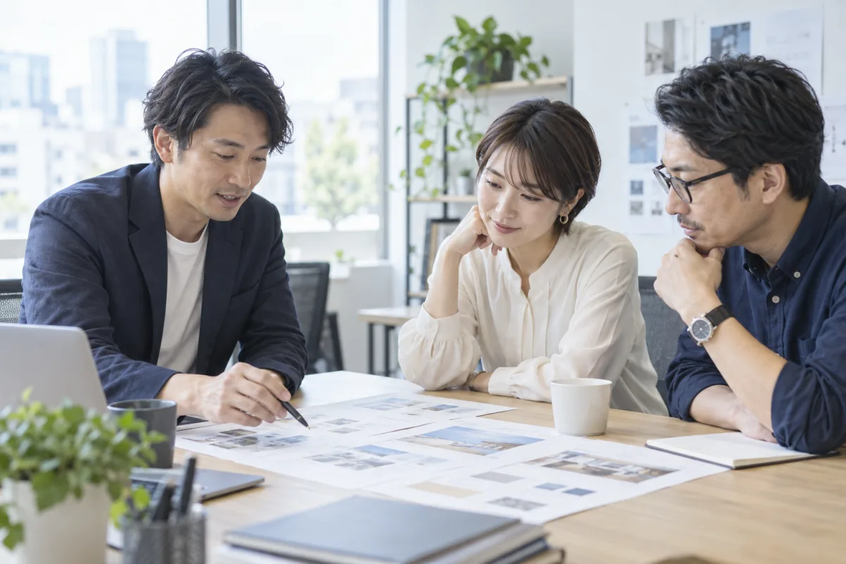 資料を囲んでWeb戦略を検討するイメージ